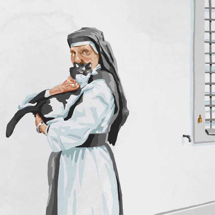Illustration Nonne mit Katze